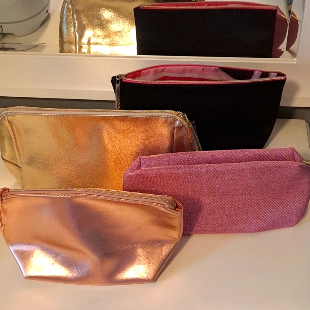 NWOT Lancome Cosmetic Bags Lot of 4 Black, Rose Gold. Gold, and Pink